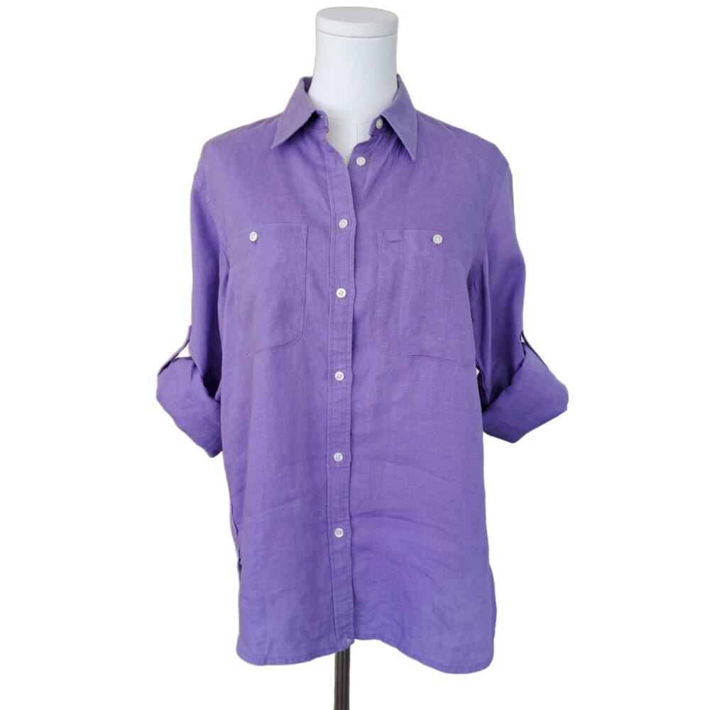 Ralph LAUREN Purple Linen Button Down Camp Shirt Medium Roll Tab Sleeve Top